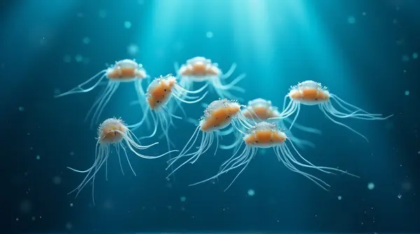 Glowing Aquatic Creatures With Tentacles In Blue Water