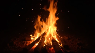 Glowing Campfire Embers Flickering At Night