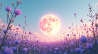 Glowing Celestial Orb Above Meadow With Violet Blooms