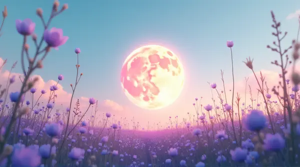A glowing celestial orb in pastel hues hovers above a meadow with violet blossoms and swaying grasses under a clear sky.