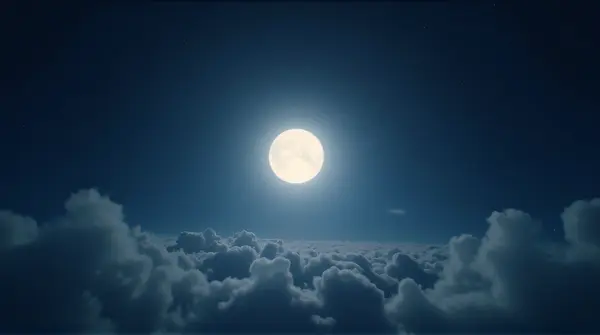A glowing celestial orb shines brightly in an indigo sky with wispy clouds drifting by.