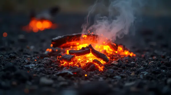 Glowing Embers On Scorched Ground With Smoke