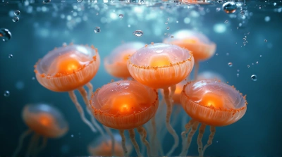 Glowing Gelatinous Creatures In Clear Liquid