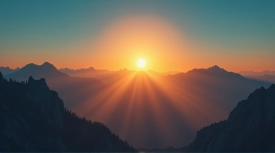 Glowing Orb Setting Behind Jagged Peaks Horizon
