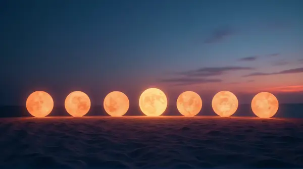 Eight glowing spheres with crater textures aligned horizontally against a deep twilight sky.