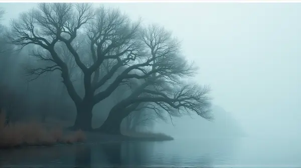 Dense cluster of gnarled trees along the shore under a pale, overcast sky.