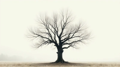 Gnarled Wood In Quiet Clearing Against Pale Sky