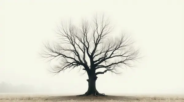 Gnarled leafless wood with twisted limbs in a peaceful clearing under a pale sky