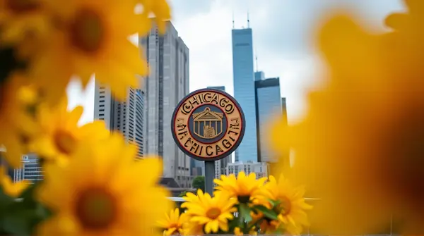 Close-up of golden flowers framing a bold Chicago city emblem with skyscrapers blurred in the background