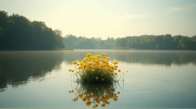Golden Blossoms Cluster On Island In Pond