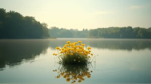 Cluster of golden blossoms growing on a small island surrounded by a tranquil pond and framed by distant trees under soft sunlight.