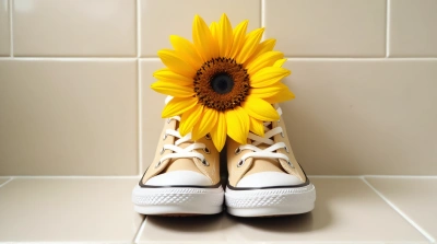 Golden Floral Canvas Shoes With Ceramic Background