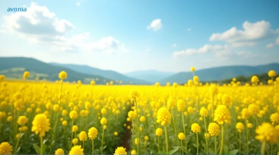 Golden Flower Meadow With Rolling Hills Landscape