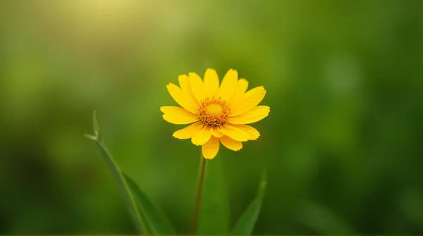 A vibrant golden flower with delicate petals unfurling in soft morning light against a blurred green background.