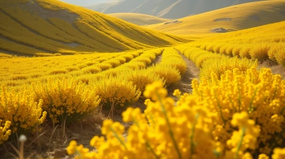 Golden Flowers Covering Rolling Terrain With Shadows