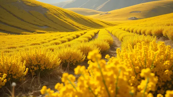Golden blossoms densely covering rolling terrain with soft shadows on textured ground