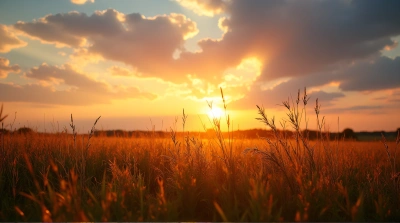 Golden Hour Light Over Open Field With Grasses