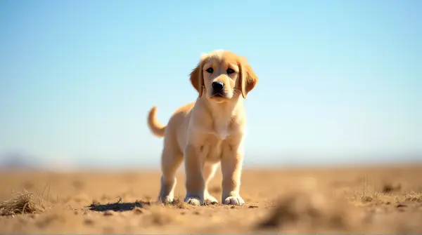 Young golden retriever puppy standing alert on dry grassy plain under a clear blue sky.