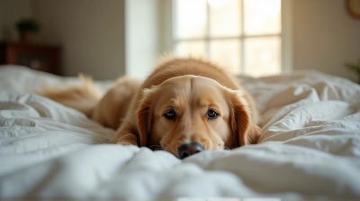 Golden Retriever Resting on Mattress in Soft Light