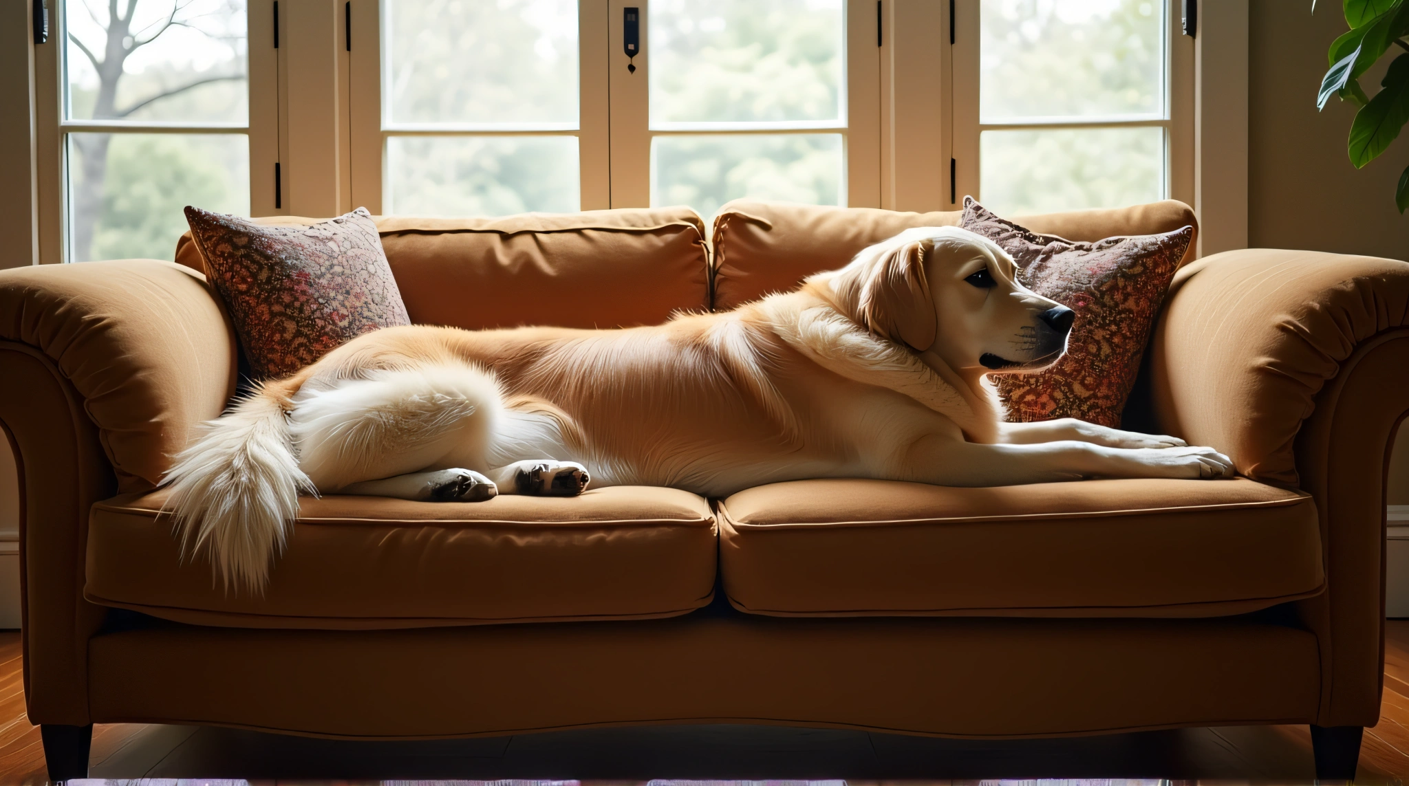 Golden Retriever Resting on Velvet Sofa with Cushions