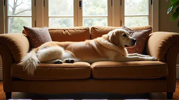 Golden retriever stretched out on a plush velvet sofa with patterned cushions and sunlight coming through tall windows.