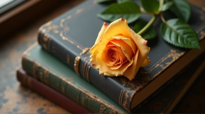 Golden Rose on Hardcover Books Stack