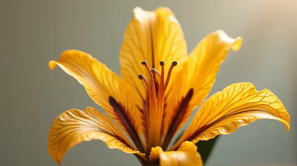 Macro view of a synthetic blossom with golden petals and dark striped accents on a neutral background