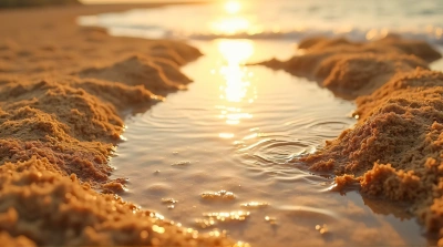 Golden Terrain Meeting Reflective Water Surface