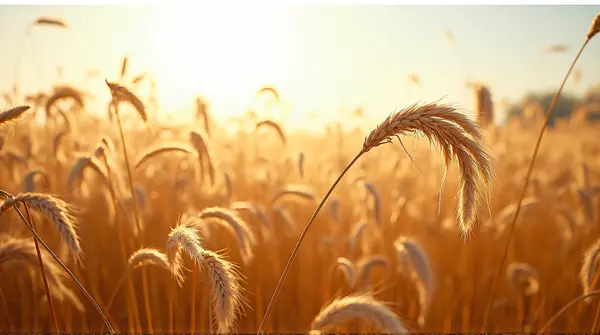 Golden Wheat Stalks Swaying Under Bright Sunlight