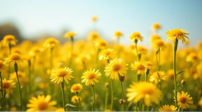 Golden Wildflowers Field Under Clear Blue Sky