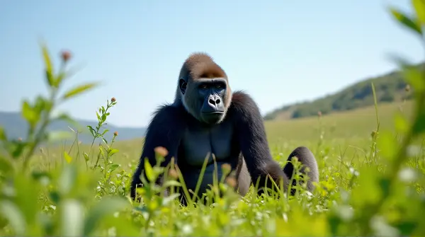 A dark-furred gorilla rests on a bright meadow with lush plants under clear blue skies.