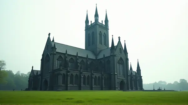 Tall black gothic cathedral with detailed spires standing on a vibrant meadow under a pale sky.