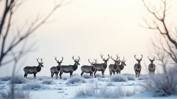 A group of deer standing on a frost-covered field beneath pale sky and icy bare branches in soft light