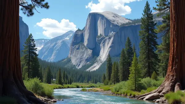 Granite Cliff With Sequoias And Winding River