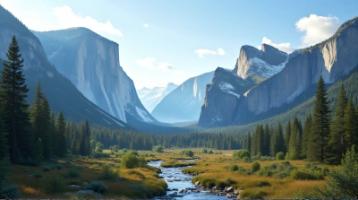 Granite Monoliths With Evergreen Trees And Stream