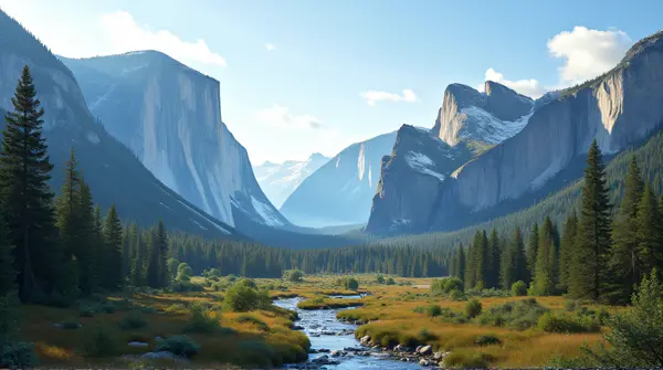 Granite Monoliths With Evergreen Trees And Stream