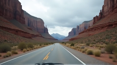 Gray Asphalt Path Beside Towering Cliffs Under Clouds