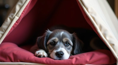 Gray Dog Resting Calmly in Red Fabric Shelter