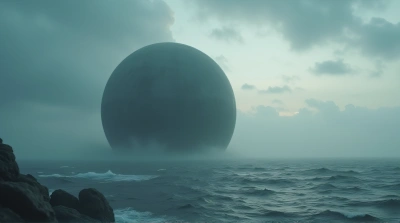 Gray Orb Above Textured Ocean Surface With Clouds