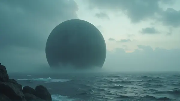 Large gray orb hovering above a textured ocean with wispy clouds in a dim sky from coastal view