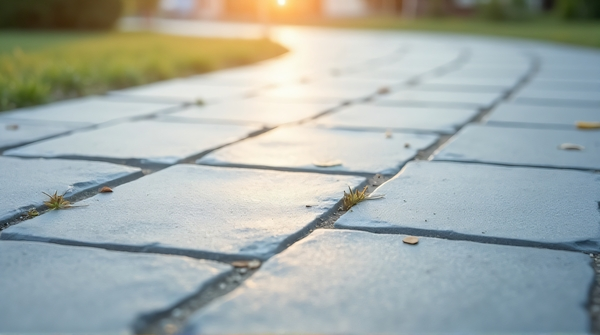 Close-up of a gray segmented stone pathway illuminated by soft natural light