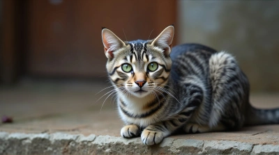 Gray Tabby Cat With Green Eyes On Stone Ledge