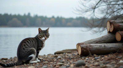 Gray White Cat Crouching On Rocky Shoreline