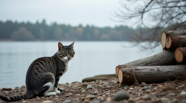 Gray and white cat crouches on rocky shore by stacked logs, gazing across a reflective lake under cloudy sky.