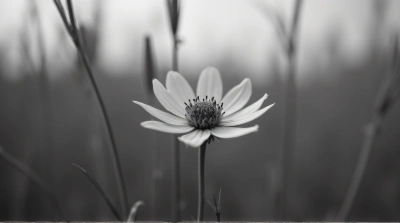Grayscale Close-Up Of Single Bloom In Grass