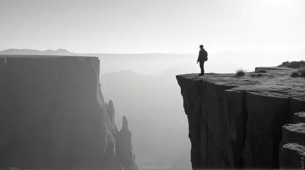 Grayscale image of an individual on a jagged rock with expansive sky background and textured formations.