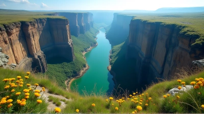 Green Basin Surrounded by Cliffs and Wildflowers
