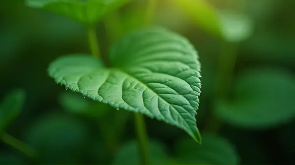 Close-up of a green leaf showing veins and natural texture with soft light