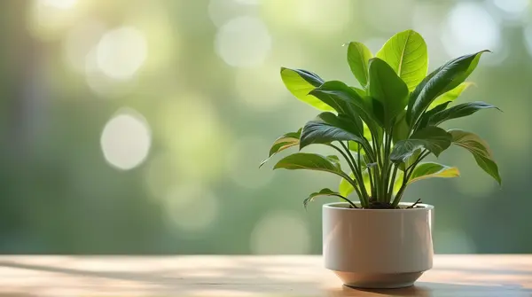 A green plant with broad leaves in a ceramic pot on a wooden table under soft natural light