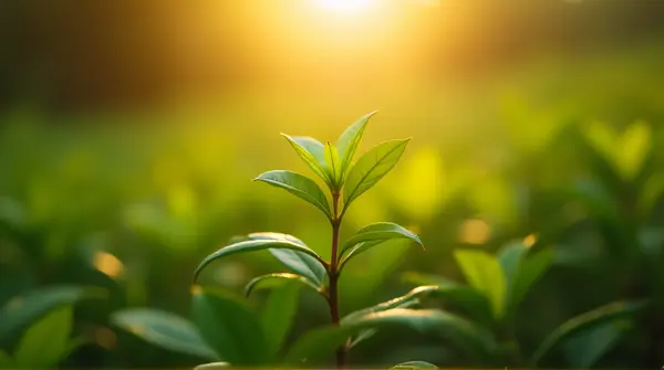 Close-up of a green plant glowing with soft amber light and blurred background foliage